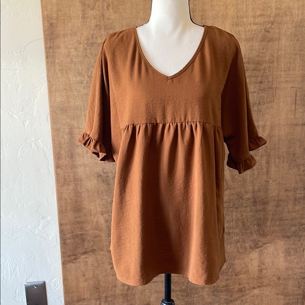 Women's Rustic Brown Ruffle Sleeve Top